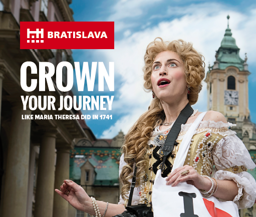 Bratislava Tourist Board nyári kampányának egyik főszereplője is Mária Terézia modern változata (vágott a plakát)