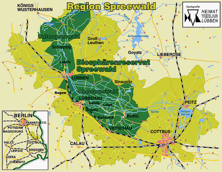 Spreewald térképén jól látszik, hogy a folyó csatornái sűrű labirintusként szövik be a területet